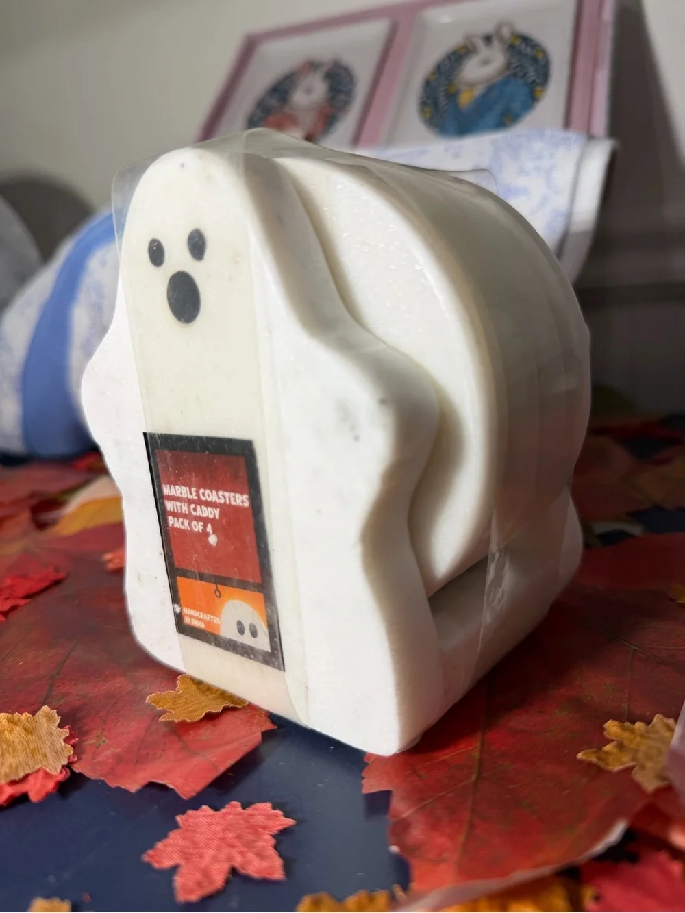Halloween Marble Ghost Coaster Set with Caddy - White